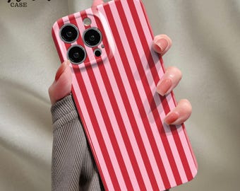 Red Pink Striped Glossy Phone Case, Hard Protective iPhone Cover, Minimalist Aesthetic Design, Trendy Color Style, Gift for Her
