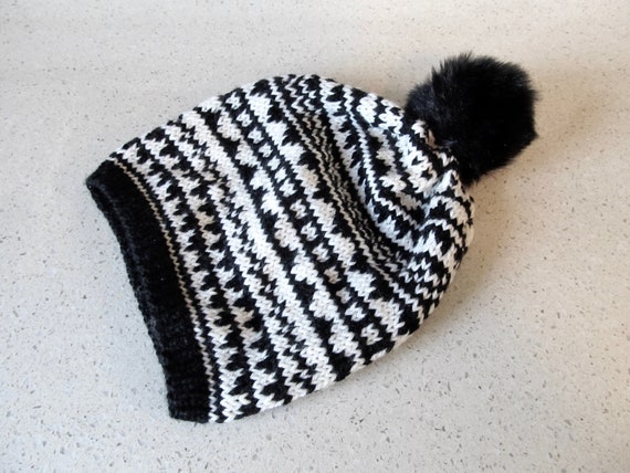 Black and White Cashmere Blend Beanie With Black Pompom - Etsy display picture 2