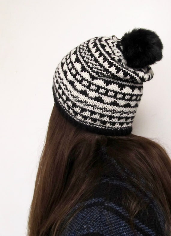 Black and White Cashmere Blend Beanie With Black Pompom - Etsy display picture 1