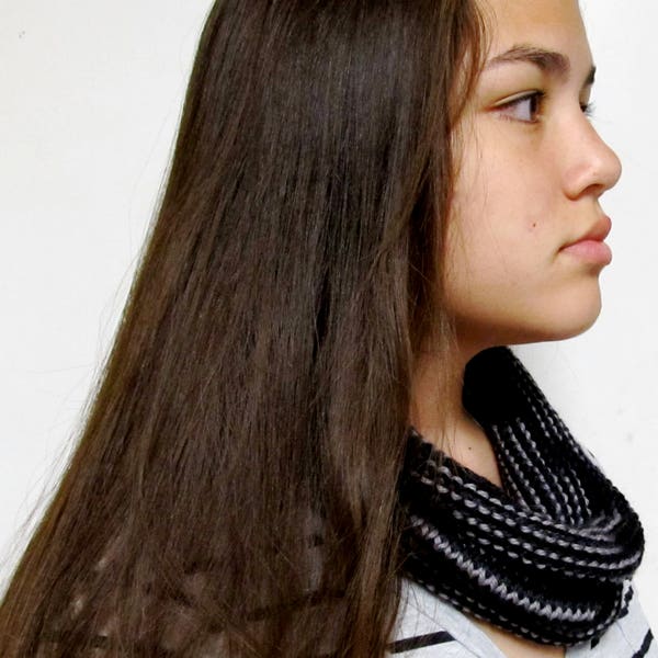 Black and gray striped wool infinity scarf