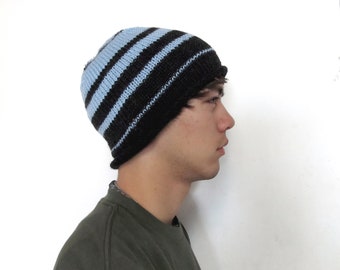 Charcoal gray & light blue knitted wool machine washable beanie