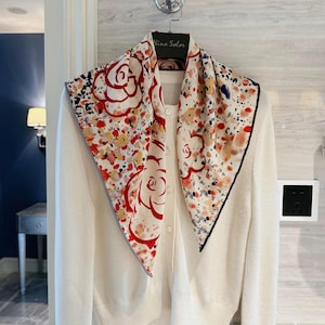 Floral Awakening: Camellia Silk Wool Scarf  -[65cm or 88cm]  -Hand Rolled  -30/70 Silk Wool Blend Foulard - Spring Mode