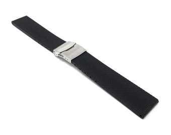 Bandini Black Silicone Watch Band, Soft Rubber Replacement Deployment Strap, Tread - 20mm, 22mm, 24mm