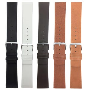 May include: Five watch straps in various colors: black, white, dark brown, medium brown, and light brown. Each strap has a silver-colored buckle and several holes for adjustment. The straps are made of leather or a leather-like material.