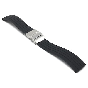 Bandini Black Rubber Grooves Watch Band, Silicone Deployment Strap - 20mm, 22mm, 24mm