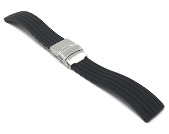 Bandini Black Rubber Grooves Watch Band, Silicone Deployment Strap - 20mm, 22mm, 24mm