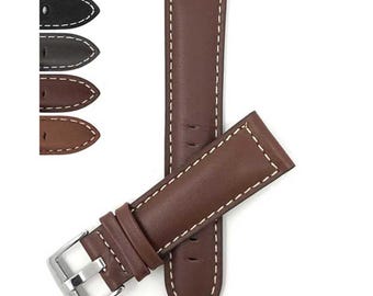 Bandini Mens Leather Watch Band, White Stitch, Padded, Standard & Extra Long (XL) - 18mm, 20mm, 22mm, 24mm, 26mm, 28mm, 30mm
