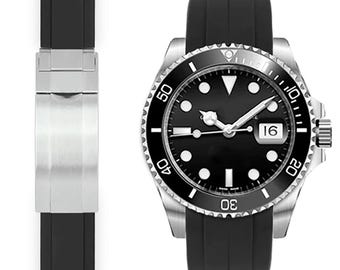 20mm Fitted Curved End Rubber Watch Band for Rolex Submariner, Daytona, Ghost, Yachtmaster and More, With Deployment Clasp - 20mm