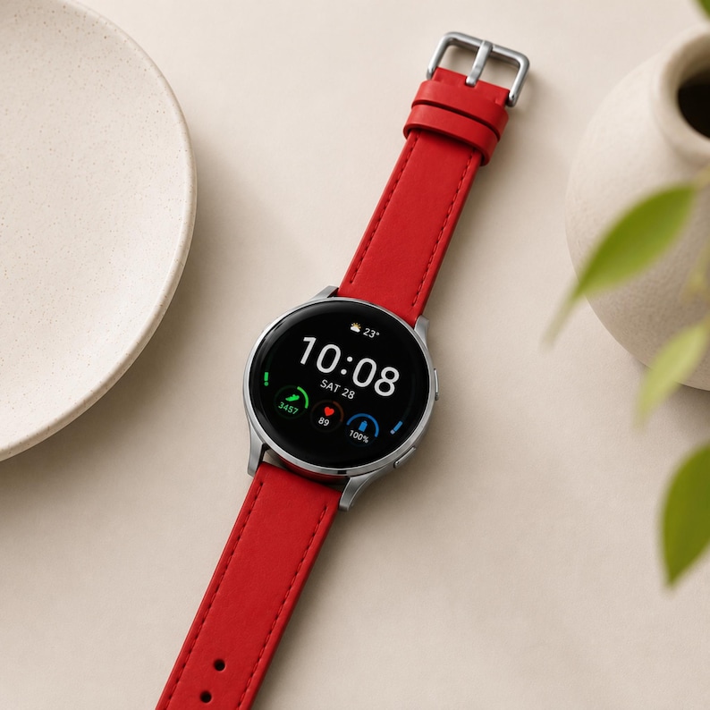 Może przedstawiać: Smartwatch z okrągłą srebrną kopertą i jasnoczerwonym sk&oacute;rzanym paskiem. Cyfrowy wyświetlacz pokazuje godzinę 10:08, datę sobota 28, ikonę pogody z 23 stopniami, 3457 krok&oacute;w, tętno 89 oraz poziom naładowania baterii wynoszący 100%.