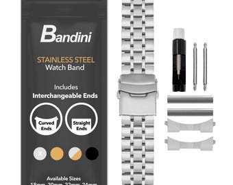 Correa de reloj Bandini de acero inoxidable, con eslabones tipo ladrillo, cierre desplegable y extremo curvo incluido (18 mm, 20 mm y 22 mm)