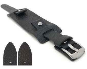 Bandini Mens Leather Watch Band Biker Wrist Cuff, Rectangular Bund Strap - 20mm, 22mm