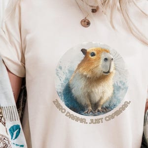 Funny capybara t-shirt “Zero Drama, Just Chillin”, unisex cotton tee for adults, cool animal lover gift with humor