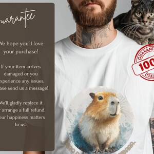 Guarantee for Funny capybara t-shirt “Zero Drama, Just Chillin” worn by man, unisex cotton adult tee, humorous gift for animal lovers