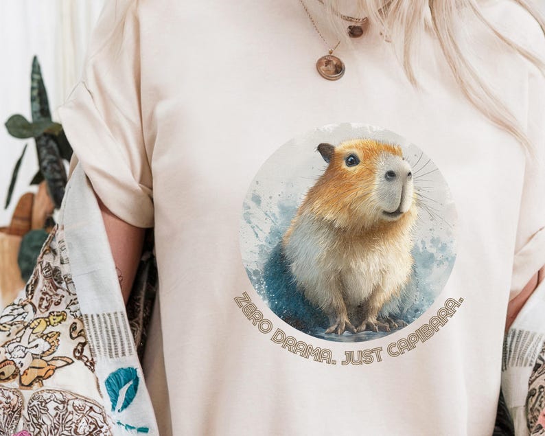 Funny capybara t-shirt “Zero Drama, Just Chillin”, unisex cotton tee for adults, cool animal lover gift with humor