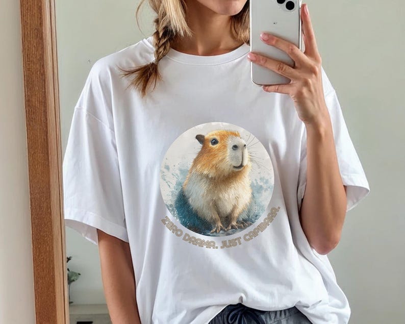 Funny unisex t-shirt with capybara design and “Zero Drama, Just Chillin” print, humorous cotton tee gift for animal lovers