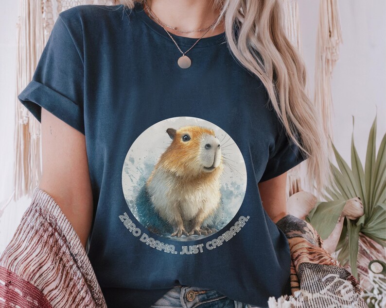 Funny capybara t-shirt with “Zero Drama, Just Chillin” print, unisex cotton tee, cool animal lover gift for adults