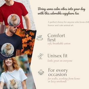 Lifestyle collage with funny capybara t-shirt “Zero Drama, Just Chillin”, unisex adult cotton tee, witty gift for humor fans