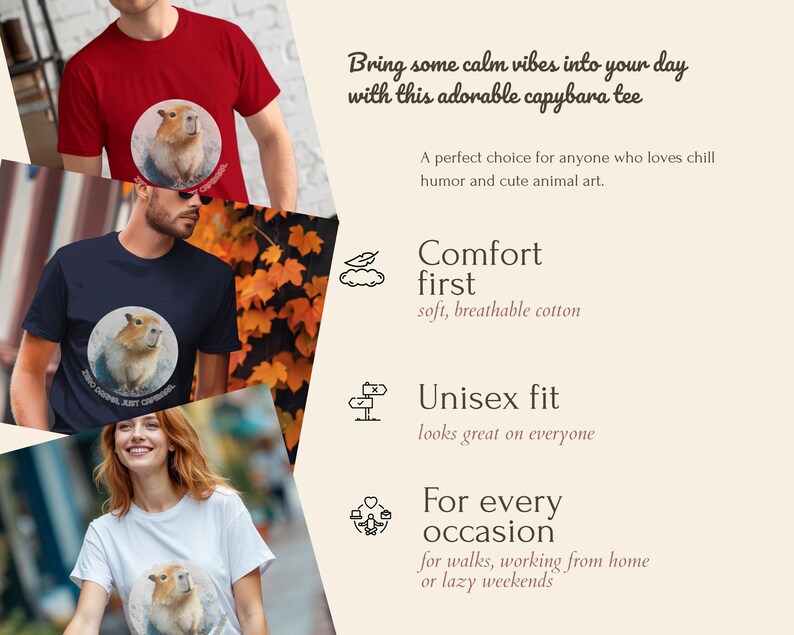 Lifestyle collage with funny capybara t-shirt “Zero Drama, Just Chillin”, unisex adult cotton tee, witty gift for humor fans