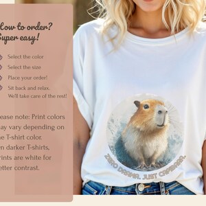 How to order White funny capybara t-shirt “Zero Drama, Just Chillin”, unisex adult cotton tee, humorous animal lover gift