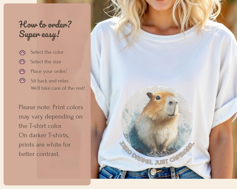 How to order White funny capybara t-shirt “Zero Drama, Just Chillin”, unisex adult cotton tee, humorous animal lover gift