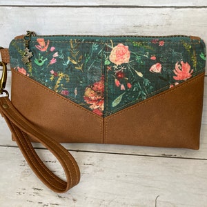 Teal Floral and Brown Faux Leather/Vinyl Wristlet