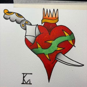 Original Sacred Heart Painting - One of a Kind Hand - Panted Art - Tattoo Flash Wall Art