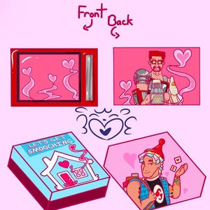 May include: A digital illustration with a pink and red color scheme. The image features a microwave, a person with a microphone, a box with the text "LET'S GET SMOOCHING", and a person with playing cards. The theme is love.