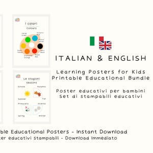 Può includere: Un set di quattro poster didattici per bambini, con l'alfabeto, i colori, gli animali domestici e le stagioni. I poster sono in italiano e inglese, con illustrazioni e testo colorati. Il pacchetto include 20 poster stampabili.