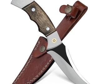 Fixed Blade Hunting Knife with Leather Sheath, 9-Inch Full Tang Skinning Knife for Hunting, Camping and Bushcraft Walnut Wood Handle Outdoor