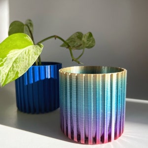 Pode incluir: Dois vasos de plantas coloridos, um azul e outro com um degradê arco-íris. O vaso arco-íris tem uma borda dourada e é feito de um material texturizado.