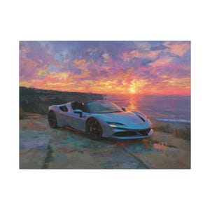 Sunset Car Painting Canvas Art: Modern Automotive Wall Decor