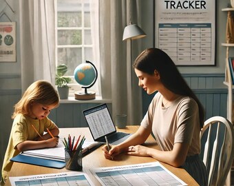 May include: A woman and a young girl are seated at a wooden table, both writing. A laptop and a globe are on the table. A framed "Homeschool Curriculum Tracker" hangs on the wall. Colored pencils are in a metal container. The girl wears a yellow shirt.