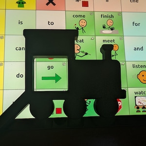 May include: A black silhouette of a steam train with a square cutout in the center, positioned over a grid of colorful communication icons. The cutout reveals a green square icon with the word go and a right-pointing green arrow inside it.