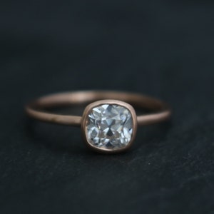 Old Mine cut cushion Moissanite 14k Rose Gold 6mm  Bezel Set  Diamond Alternative Engagement Ring, Made to order