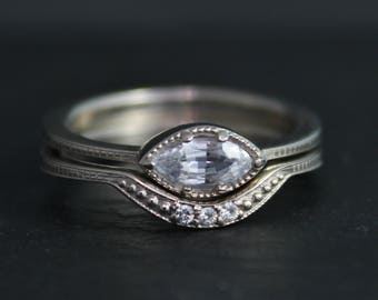 14k white gold Marquise White sapphire Ring, Vintage Inspired East to West, Sideways Marquise, Wedding Engagement Set, Bridal Set