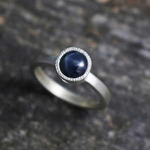 Star Sapphire Sterling Silver Ring, Blue Sapphire, Textured Bezel Ring, 6.5mm Round Gemstone,