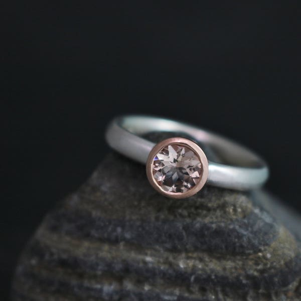 6mm Morganite 14k Rose Gold Ring, Sterling Silver and 14k Gold, Mixed Metals, Bezel Set, Pink Gemstone, Made to order