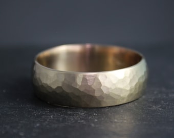 14k Yellow Gold Band,** 7mm Wide low dome light comfort Gold Band, Hammered Band, wide Band, Durable Wedding Band, Made to order, Custom,