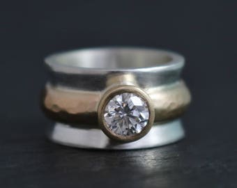 Moissanite in Silver and 14k Yellow Gold, 14k Yellow and Sterling Silver, Mixed Metals, Concave Ring, Bezel Set, Two Tone