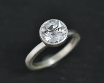 White Topaz Solitaire Ring in Sterling Silver, 8mm, Bezel Set, Peekaboo, Open Gallery, Stack, Stackable, Made to order in 3 to 5 days