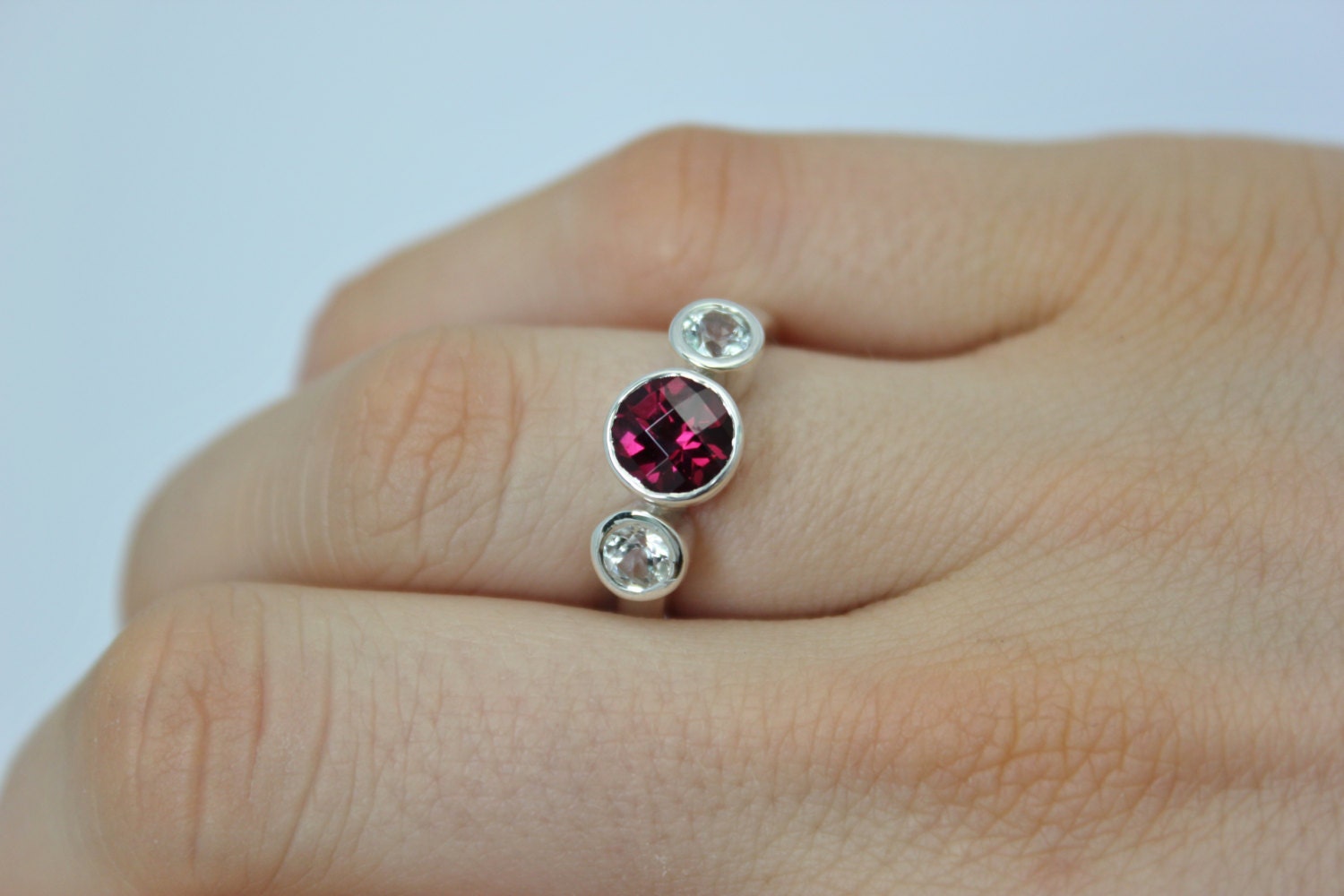 Sterling Silver Garnet & White Topaz Three Stone Ring Size 6 - Oval Halo Friendship Style Ring - View #3