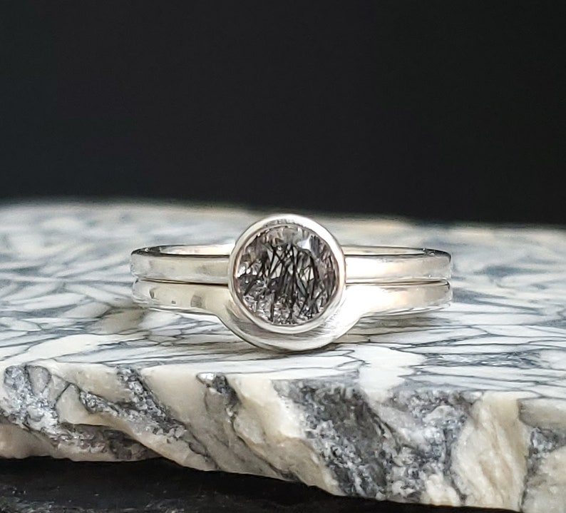 Tourmaline in quartz sterling silver solitaire ring set engagement peek a boo round setting fun ring bezel set ring with matching band