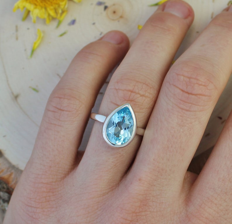 Ready to Ship Size 6.5 Sterling Silver Pear Shape Blue Topaz Ring December Birthstone Jewelry Solitaire Blue Topaz