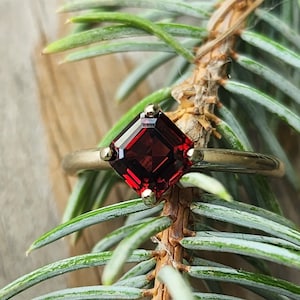 14k White Gold Asscher Cut Garnet Ring, Alternative Engagement Ring, January Birthstone, Ready to Ship Gold Ring size 7