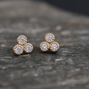 14k Yellow Gold Diamond Three Stone Stud Earrings, Trio Stud Earrings, Trinity Triangle Studs, 14k Gold Posts, Made to Order