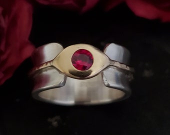 Mixed Metals Ruby Ring, 14k Gold and Sterling Silver Ring, All Seeing Eye Ring, Ruby Eye Ring, Made to Order Two tone ring unique ring