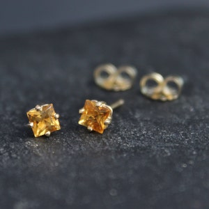 Princess Cut Citrine 14k Yellow Gold Stud Earrings, November Birthstone Earrings, Citrine Gemstone Studs, Ready to Ship Earrings