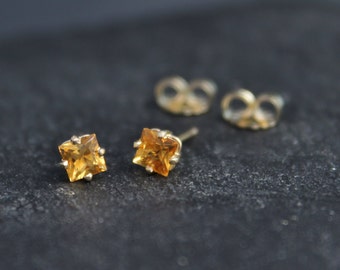 Princess Cut Citrine 14k Yellow Gold Stud Earrings, November Birthstone Earrings, Citrine Gemstone Studs, Ready to Ship Earrings