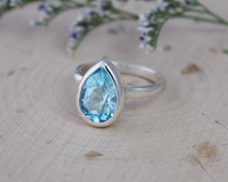 Ready to Ship Size 6.5 Sterling Silver Pear Shape Blue Topaz Ring December Birthstone Jewelry Solitaire Blue Topaz