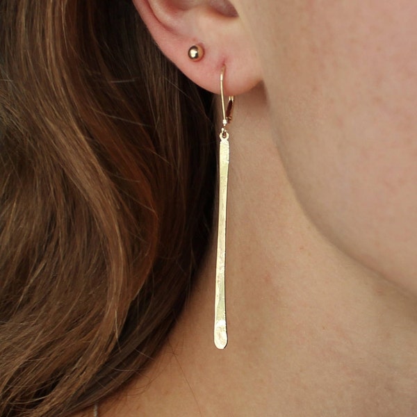 14k Gold Long Bar Earrings, Gold Thread Earrings, Stick, Long Thin Earrings, Recycled Gold, Leverback, Skinny Bar Dangles, statement earring